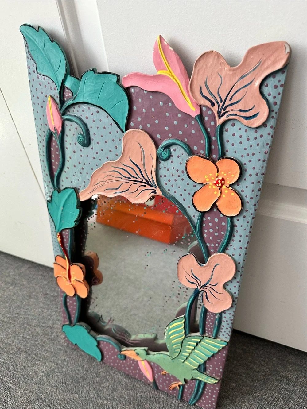 Vintage 1980s Handcrafted Framed Mirror with 3D Painted Tropical Flowers & Bird